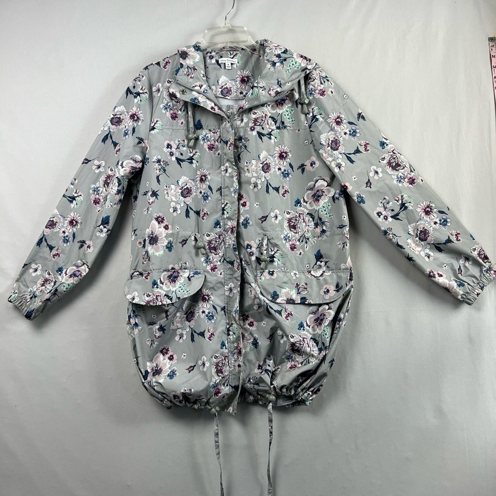 Vera Bradley Windbreaker Rain Jacket Medium Gray Floral Hooded Full Zip